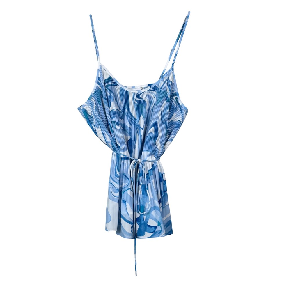 Nine West Womens S Blue White Pleated Cami Top Abstract Coastal Resort Y2K Boho